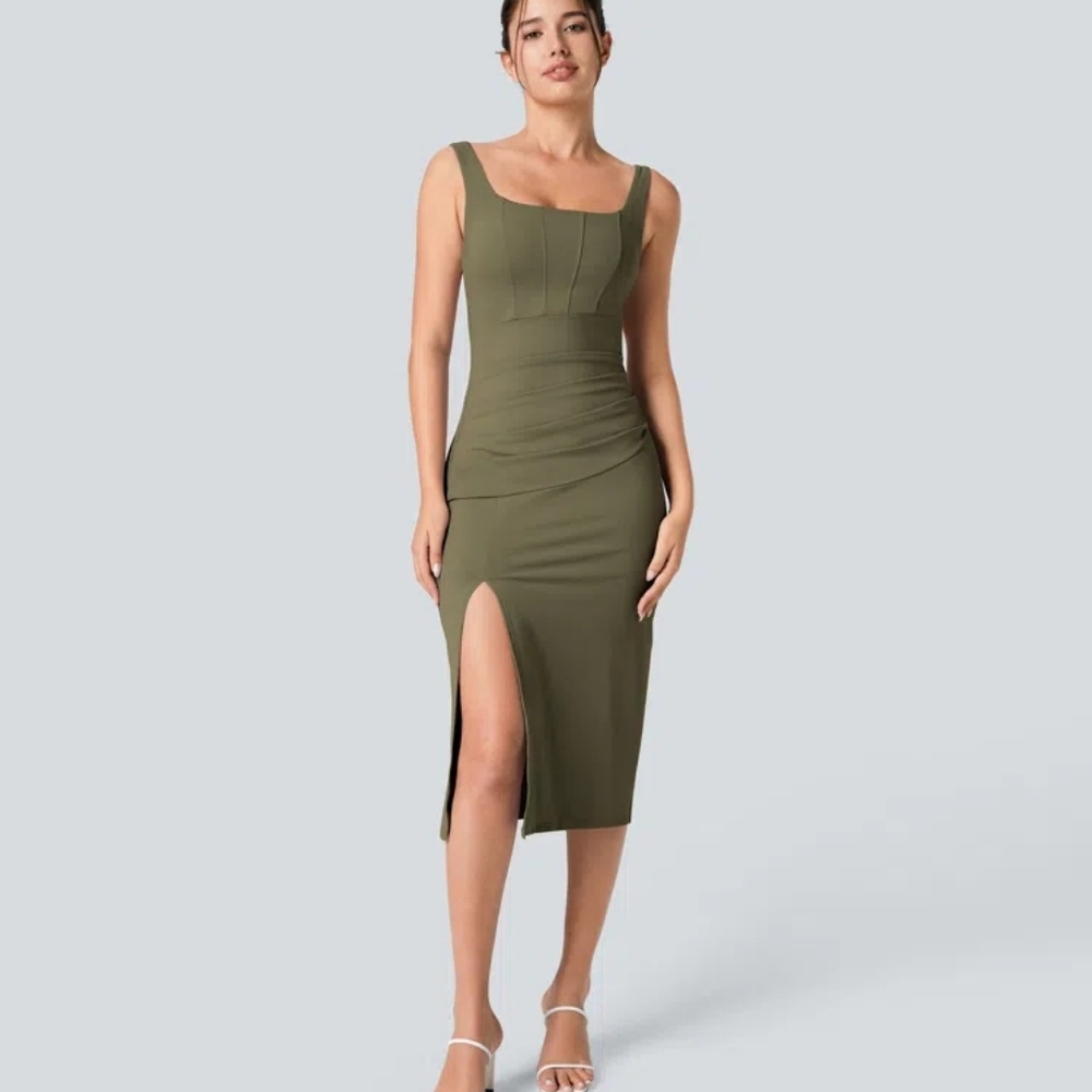 HALARA Olive Midi Dress with Slit
